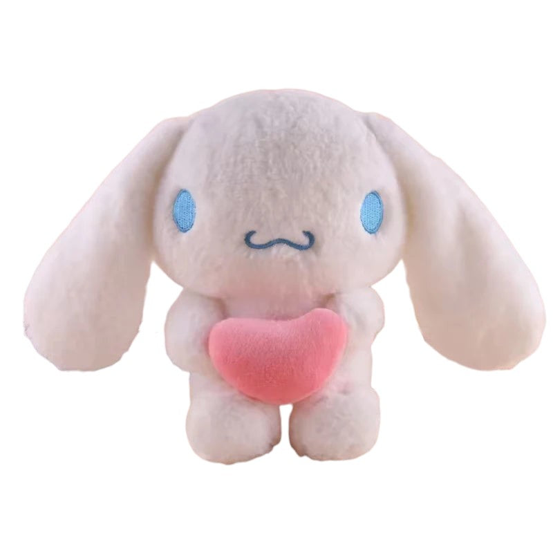 My Store white Cinnamoroll plush toy holding a small pink heart, soft fabric with blue embroidered eyes