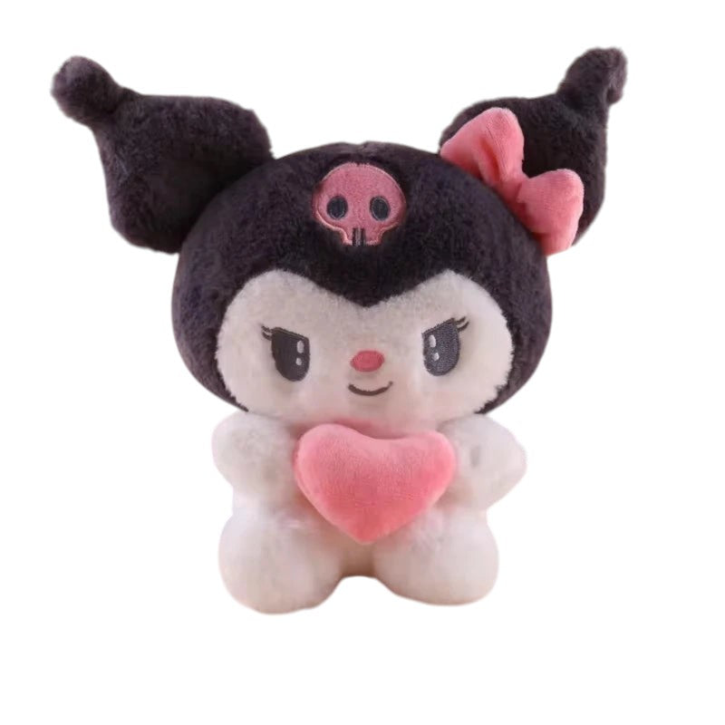 My Store Kuromi plush toy with a black hood, pink skull emblem, and a small pink heart held in its white paws.