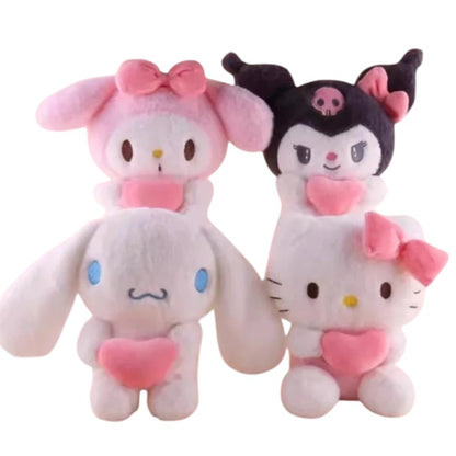 My Store plush toy set featuring My Melody, Kuromi, Cinnamoroll, and Hello Kitty holding pink hearts